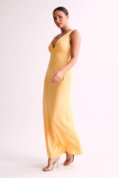 Lemon Satin Dress with Cowl Back- Meshki