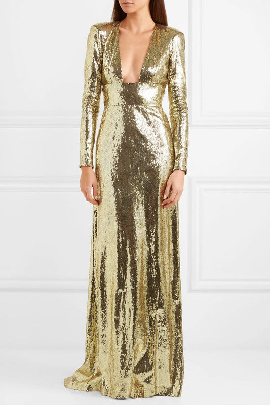 Longsleeve Open back  Sequin Gold Gown- Dundas