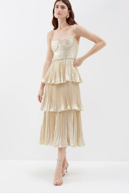 Tiered Gold Midi with Crystal Embellishments- Self Portrait