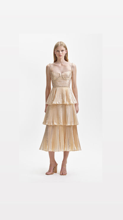 Tiered Gold Midi with Crystal Embellishments- Self Portrait