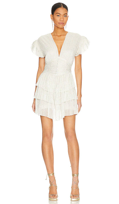 Ruffled Puff Sleeve Ruched Mini with Gold Specs- Sabina Musayev