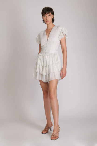 Ruffled Puff Sleeve Ruched Mini with Gold Specs- Sabina Musayev