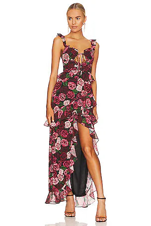 Rose Printed Ruffle Dress- Majorelle